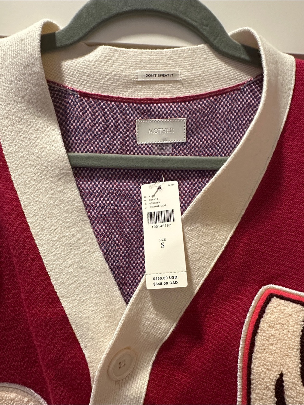 MOTHER The Boxy Raspberry pink Patchwork Embroidered Varsity Cardigan - Picture 2 of 5